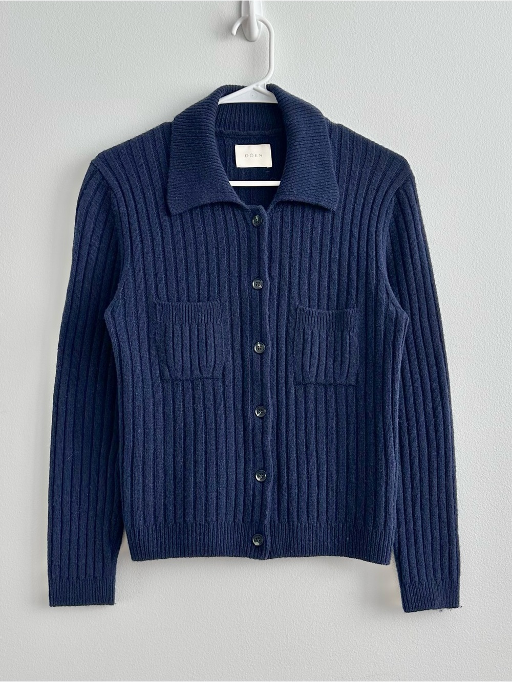 Doen Harrington Cardigan Navy Blue Merino Wool Cashmere Size L